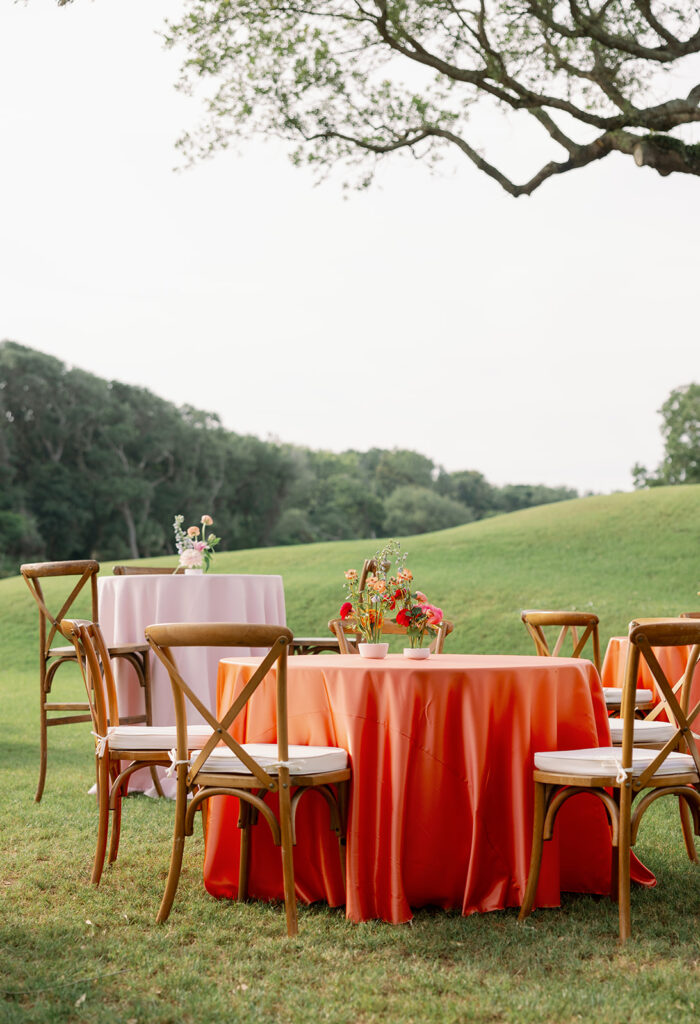 High and low top tables outside for farewell brunch
